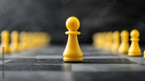 A yellow chess piece on a chessboard with a blurred background. photo