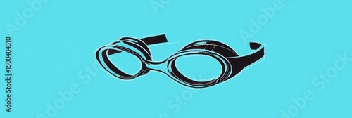 A clean vector line logo of a pair of swimming goggles, designed with sharp angles, placed on a solid aqua blue background.