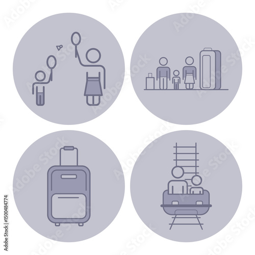 Collection of different travel-related activities, including family playing badminton, waiting at station, and enjoying rides. Ideal for travel-themed projects