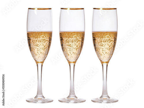 Three elegant champagne glasses filled with bubbly.