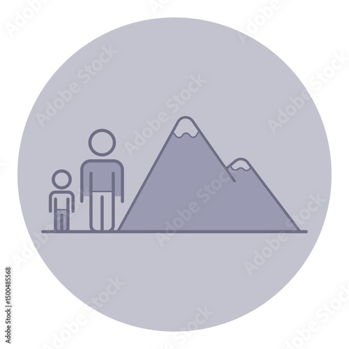 Parent and child standing side by side in front of majestic mountains. Family bond against natural backdrop concept