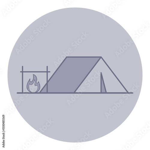 Simple line icon of camping scene with tent next to campfire in circular design. Outdoor adventure and nature activities concept