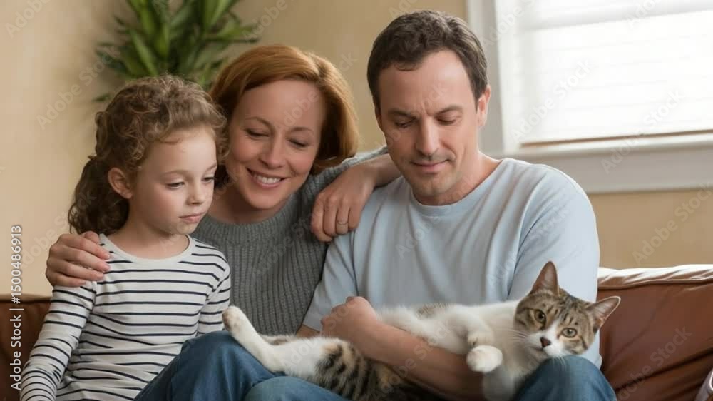 Family portrait at home with cat lying comfortably on dad’s lap Family portrait at home with cat lying comfortably on dad’s lap