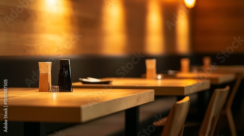 Fototapeta Naklejka Na Ścianę i Meble -  Empty Restaurant Tables, Warm Lighting, Modern Interior Design