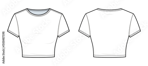 Women’s Cropped Lounge T-Shirt Technical Fashion Illustration. Short Sleeve Crew Neck Tee Vector Template. Front and Back View. Minimalist Loungewear. CAD Mockup.