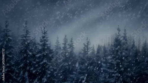 Dreamy video of snow falling during a snowstorm, with soft, out-of-focus forest trees in the distant background. Gentle, swirling snowflakes create a peaceful, wintry ambiance. Subtle depth of field a