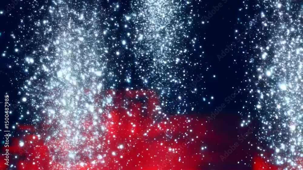 Artistic red bokeh background with soft glowing circles, twinkling stars, and falling silver glitter particles. Elegant and festive mood, perfect for holiday celebration themes. Seamless loop animatio
