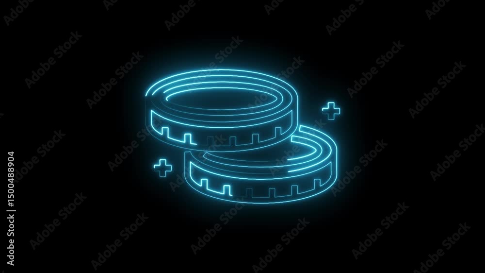 Futuristic crypto currency concept with glowing neon blue coins and positive symbols