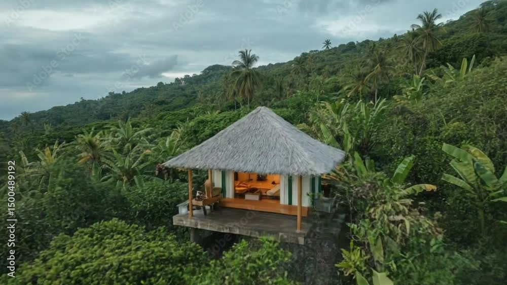 Solar-powered hut surrounded by lush green on tropical hillside Solar-powered hut surrounded by lush green on tropical hillside