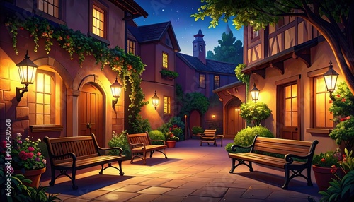 Nightfall in European Courtyard.