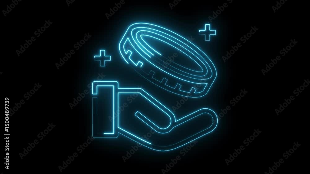 Neon hand catching digital coin crypto currency token blockchain technology concept animation