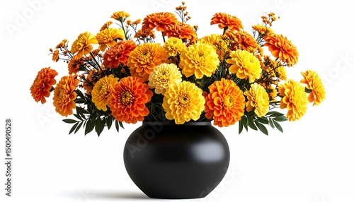 Orange  Yellow Flowers in Black Vase.