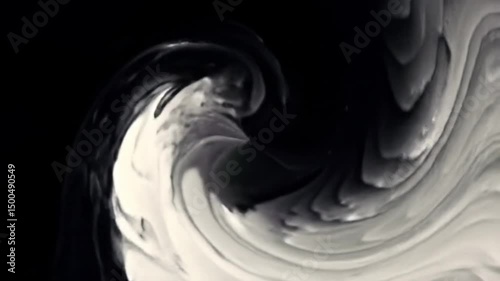 Abstract swirling pattern of black and white liquid paint blending and mixing together in a vortex