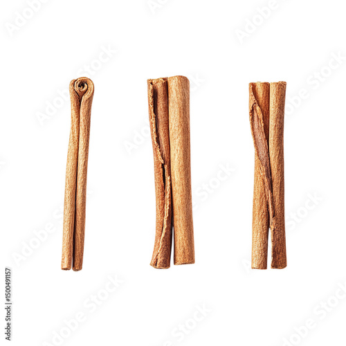 Three Cinnamon Sticks Isolated on White Background Aromatic Spices Culinary Ingredient Food Photography