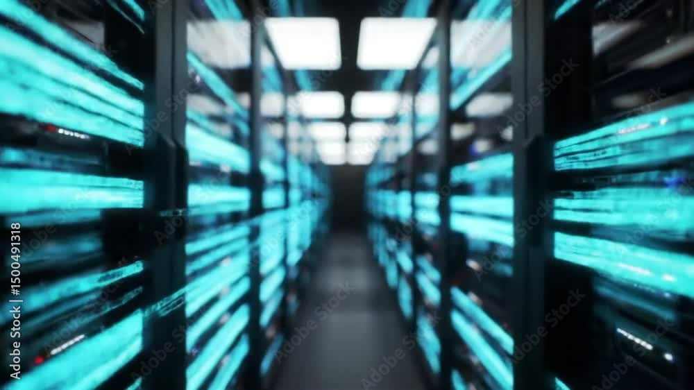A server room with rows of racks and blue lights showing data processing and information storage