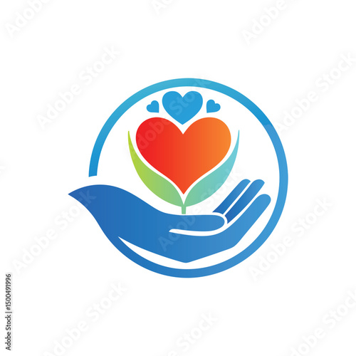 Hands with heart and leaf vector logo template. Charity and donation logotype.
Heart with hands and family vector logo. Health care and medical icon.