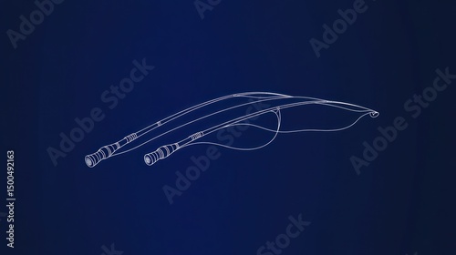 A clean vector-style line logo of a pair of fishing rods, designed with smooth curves, placed on a solid deep blue background.