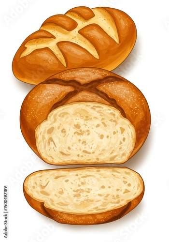 Illustration of Assorted Baked Breads with Brown Crust and White Background