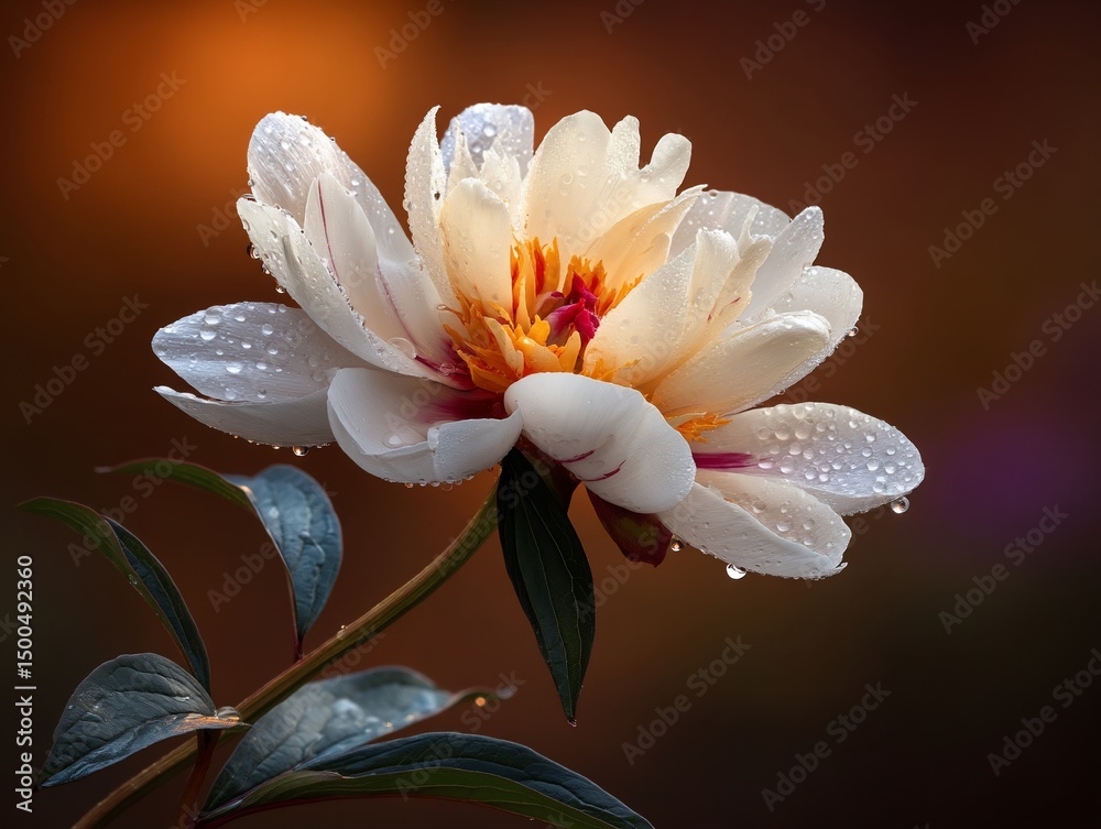 Dewkissed peony blossom in sunset glow Dewkissed peony blossom in sunset glow