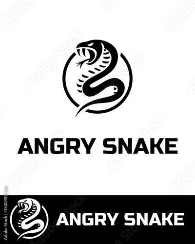 A bold and aggressive logo featuring a coiled, hissing snake with fangs exposed inside a circular design, abstract logo design in black and white 