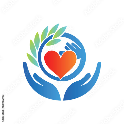 Hands with heart and leaf vector logo template. Charity and donation logotype.
Heart with hands and family vector logo. Health care and medical icon.