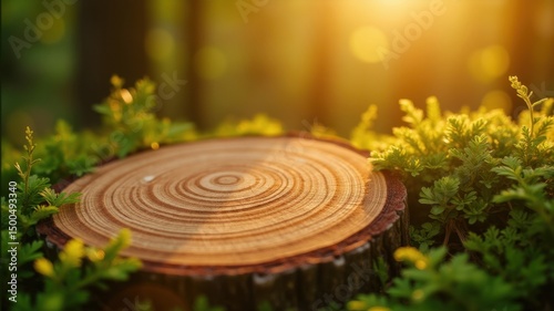 Close-up of sunlit tree stump in lush greenery eco-friendly forest nature photography