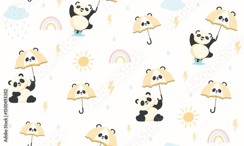 Animalistic Umbrella with cute kawaii animal panda seamless pattern. Rainy weather kids background for fabric textile surface design. Vector illustration, cute panda seamless pattern, rainbow, cloud