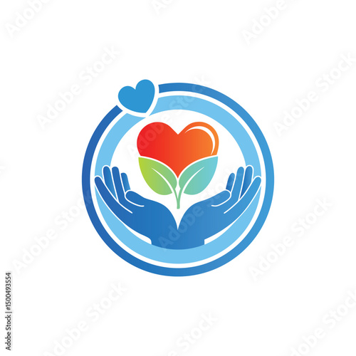 Hands with heart and leaf vector logo template. Charity and donation logotype.
Heart with hands and family vector logo. Health care and medical icon.