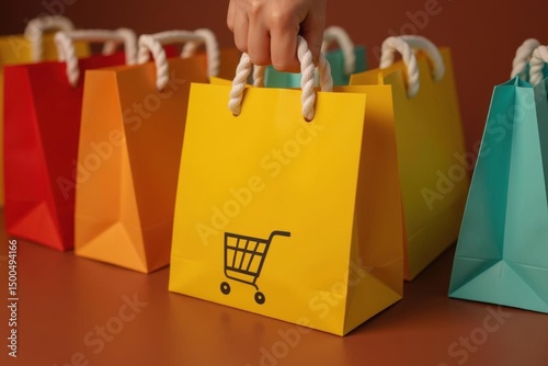 Vibrant shopping bags displayed in an overhead view colorful retail environment