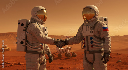 Astronauts from different countries shake hands on the Mars planet