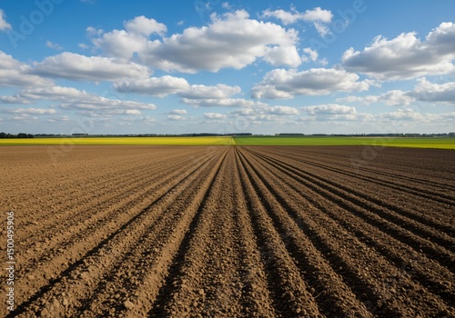 Farmland soil prepared for cultivation with blue sky and clouds in background photo