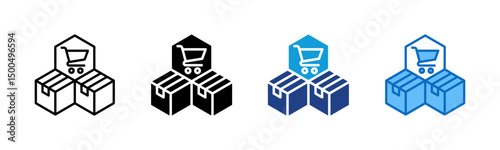 Product Market Fit - Multi Style Icon - shopping cart fits perfectly between two product boxes, symbolizing alignment between product and market demand