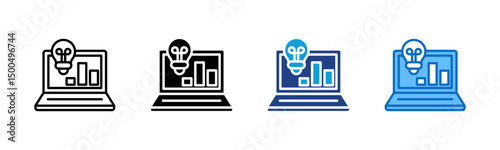 Digital Strategy - Multi Style Icon - Lightbulb on laptop with analytics bars shows innovation and tech-driven business acceleration
