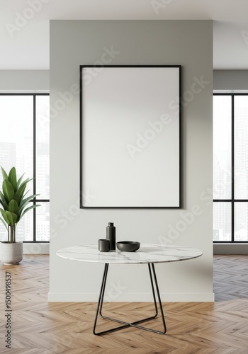 Modern Interior Design Mockup with Empty Frame Table and Plant Photo