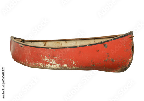 Vintage red canoe isolated on a white background weathered wood boat, On Transparent Background, Png