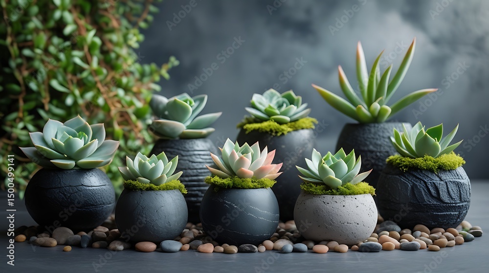 custom made wallpaper toronto digitalArrangement of decorative succulents in textured black pots surrounded by smooth pebbles on a dark stone surface, creating a calming and stylish natural zen garden display

