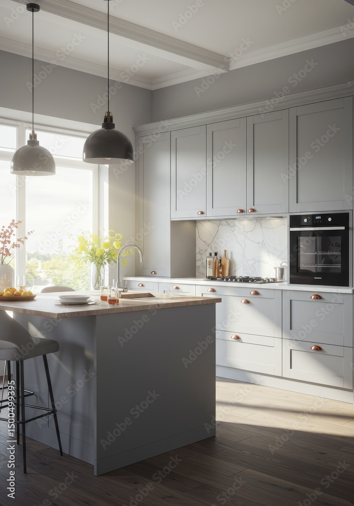 Fototapeta premium Modern Kitchen Interior Photo Featuring Gray Cabinets and Bright Lighting