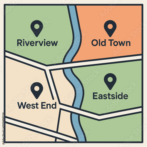 Colorful Vector Map of City Neighborhoods Riverview, Old Town, West End, Eastside