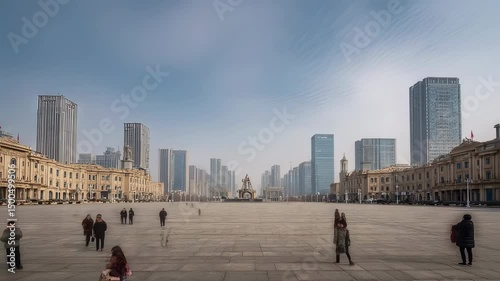 Empty urban square with panoramic view of modern tianjin city skyline and contemporary high-rise buildings in china