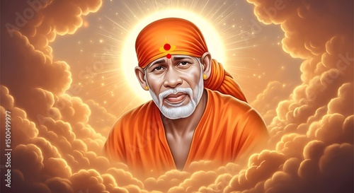 Divine Sai Baba Portrait with Halo and Clouds - Indian Spiritual Icon, Religious Figure, God, Illustration
