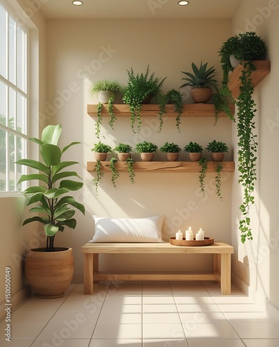 Bright and cozy interior with wooden bench, potted green houseplants, and sunlight streaming through large window, creating a relaxing and natural indoor sanctuary atmosphere

