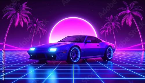 Retro car with 80s night scene.