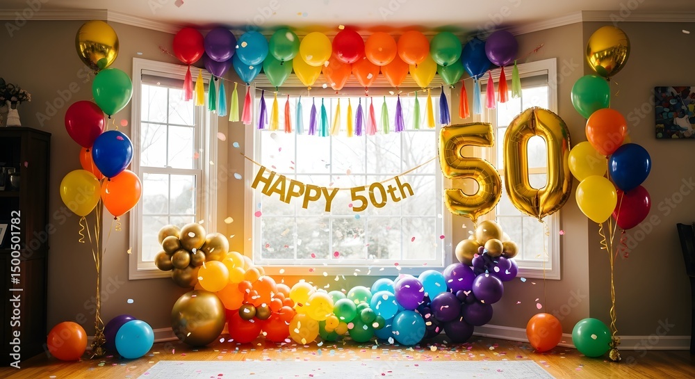 Obraz premium Vibrant 50th Birthday Party Decorations Rainbow Balloons, Gold Number and Happy 50th Banner.