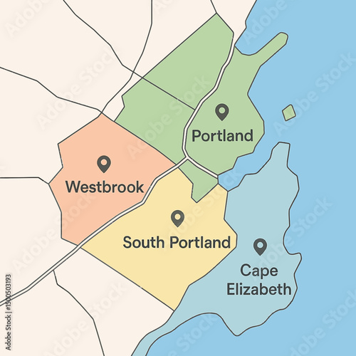 Color-Coded Vector Map of Portland, Maine, Showing Westbrook, South Portland, and Cape Elizabeth