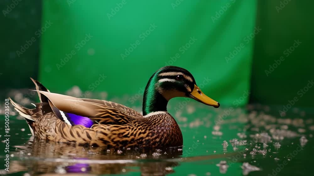 Beautiful mallard duck swimming on calm green water in studio environment