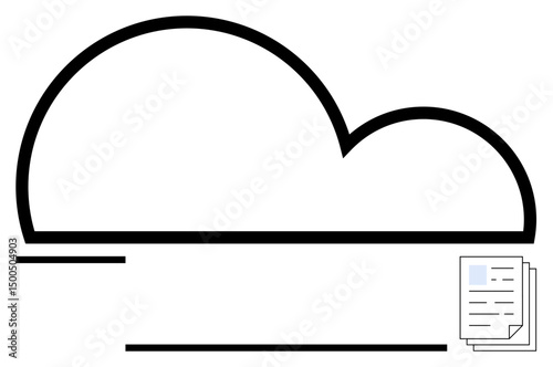 Cloud-shaped outline near stacked papers symbolizing file storage. Ideal for technology, cloud computing, digital security, data transfer, remote access, file sharing, flat simple metaphor