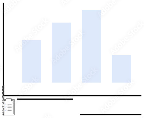 Bar chart with four vertical bars in blue and a small clipboard with checkmarks. Ideal for data, analytics, performance, planning, statistics, goals, and business insights. Flat simple metaphor