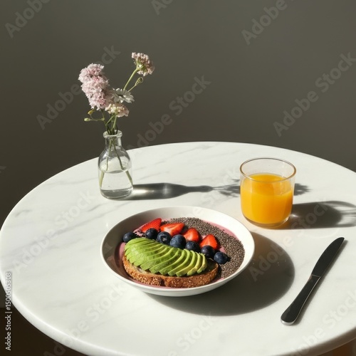 a healthy breakfast setup on a white marble table