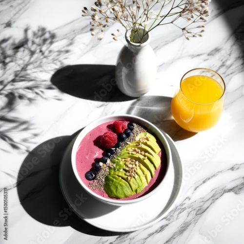 a healthy breakfast setup on a white marble table