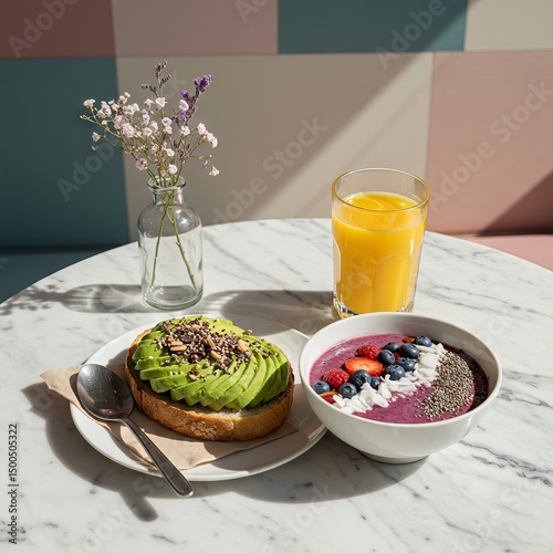 a healthy breakfast setup on a white marble table